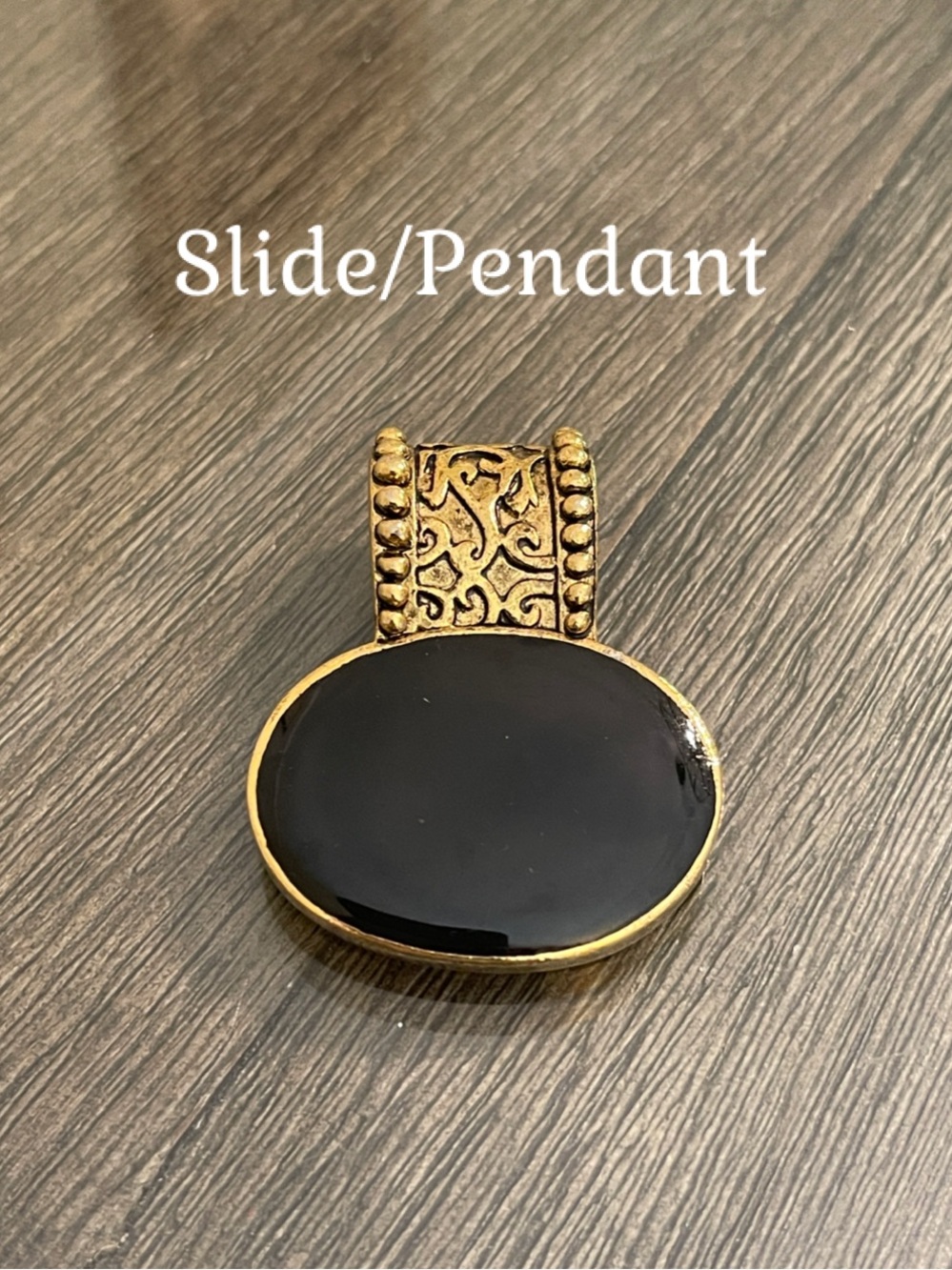 Vintage Style Large Ornate Antique Goldtone Pendant Slide with Black Oval Center